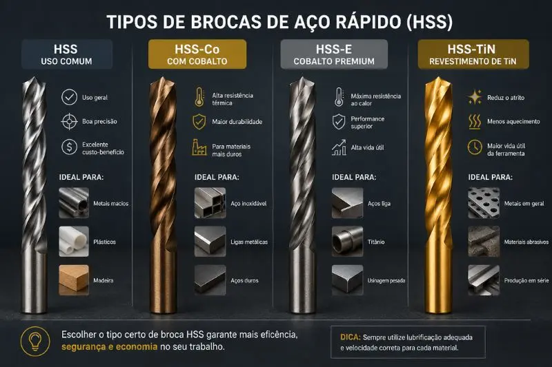 Diferentes tipos de brocas de aço rápido HSS para perfurar metais e ligas duras